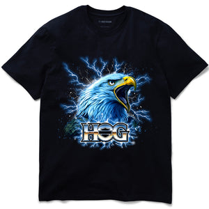 Black t-shirt with an eagle graphic and 'HOG' logo on a white background