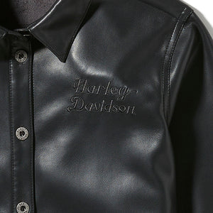 Black leather jacket with Harley-Davidson logo on a white background