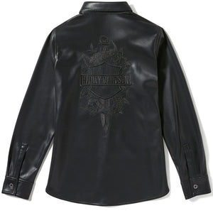 Black leather jacket with Harley Davidson logo on a white background