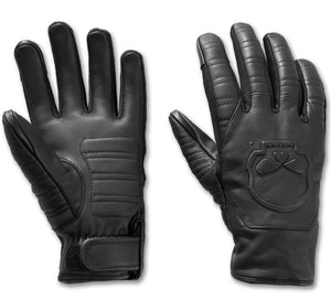 Pair of black gloves with a brand logo on a white background