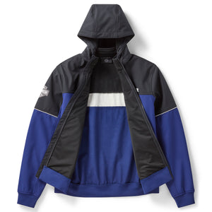 Blue and black hoodie with a white stripe on a white background
