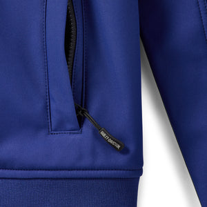 Close-up of a blue jacket with a zipper and brand logo on a white background