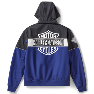 Harley-Davidson hoodie with black and blue design on a white background