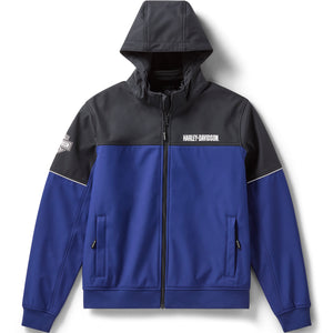 Blue and black hoodie with Harley-Davidson logo on a white background