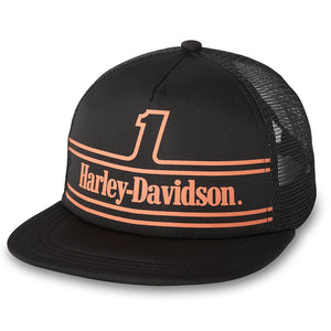 Harley-Davidson Men's #1 Logo Racing Flat Bill Trucker Cap, Black Hat 97603-24VM