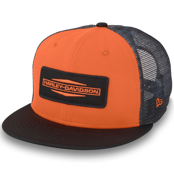 Harley-Davidson Men's Stacked Bar & Shield 9FIFTY Adjustable Trucker Hat, Vintage Orange Cap 97607-25VM