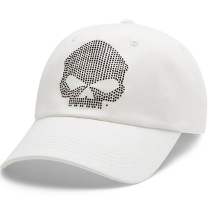 White cap with a black skull design on a white background