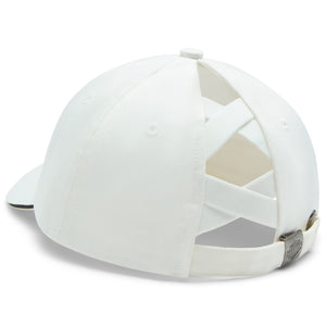 White baseball cap with cut-out design on a white background