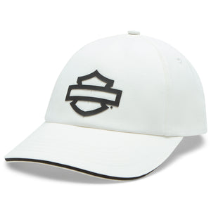 White baseball cap with a black logo on a white background