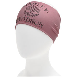 Pink Harley Davidson headband on a mannequin head against a white background