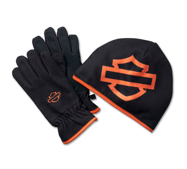 Harley-Davidson Men's Bar & Shield Fleece Beanie & Glove Gift Set, Black/Orange  97665-25VM