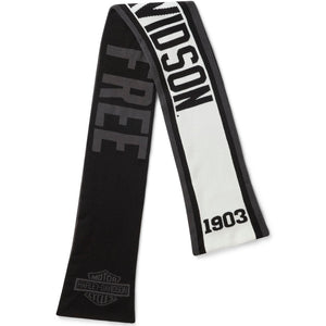 Black and white scarf with 'Harley-Davidson' branding on a white background