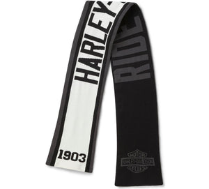 Black, white, and gray scarf with 'Harley-Davidson' branding on a white background