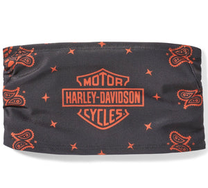 Harley-Davidson neck gaiter with orange logo and patterns on a black background