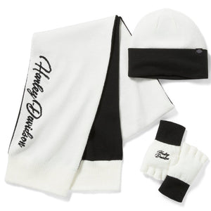 White and black winter accessory set with text on a white background