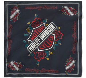 Harley-Davidson bandana with logo and roses on a dark blue background