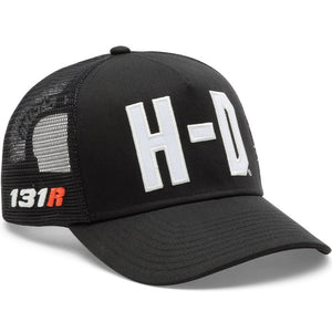 Black trucker cap with 'H-D' logo on a white background