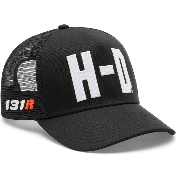 Black trucker cap with 'H-D' logo on a white background