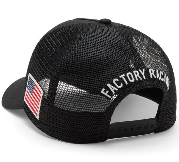 Black mesh cap with American flag patch and 'Factory Racing' text on a white background