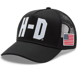 Black trucker cap with 'H-D' logo and American flag on a white background