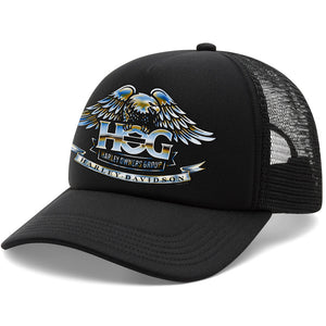 Black trucker cap with Harley-Davidson logo on a white background