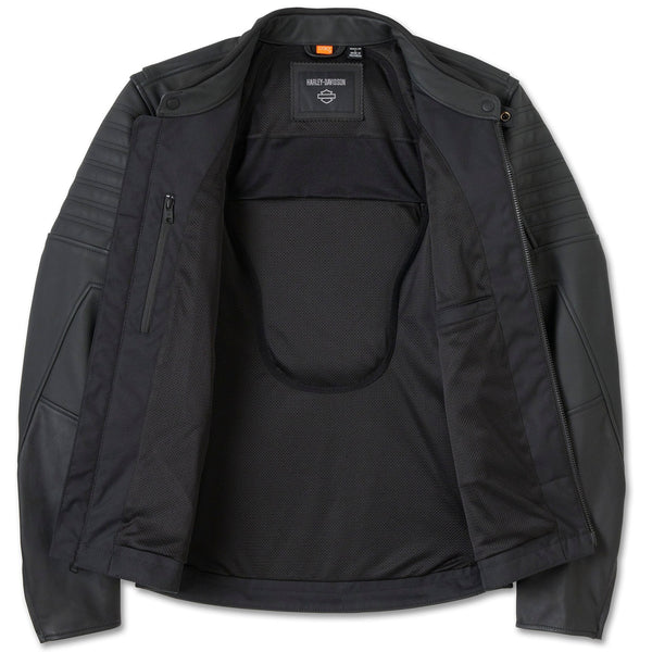Black jacket with visible brand logo on a white background