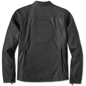 Black leather jacket with skull design on a white background