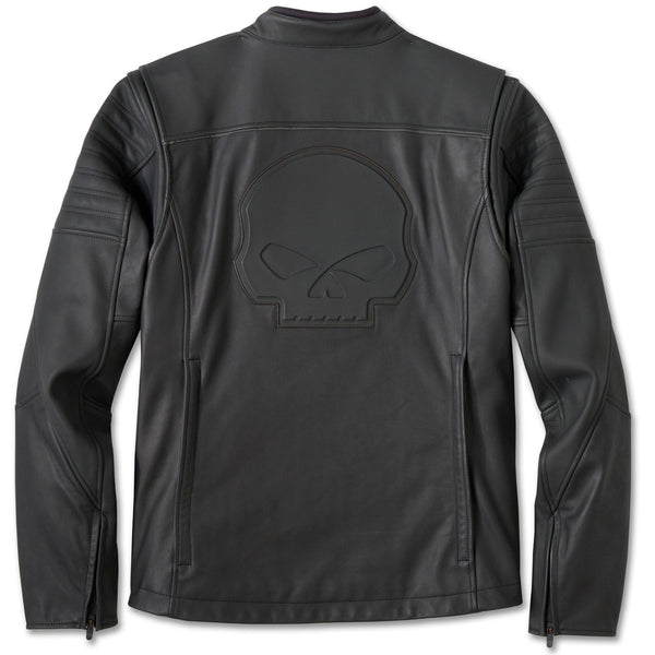Black leather jacket with skull design on a white background