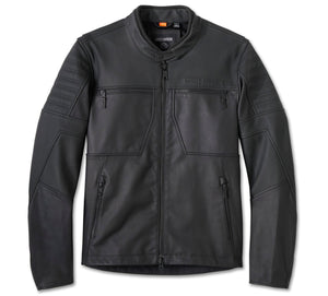 Black leather jacket with multiple pockets on a white background