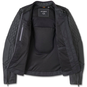 Black jacket with quilted design on a white background