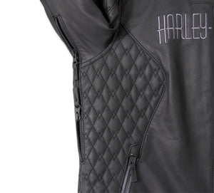 Black leather jacket with quilted design and 'Harley' branding on a white background