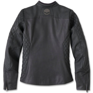 Black leather jacket with quilted design on a white background