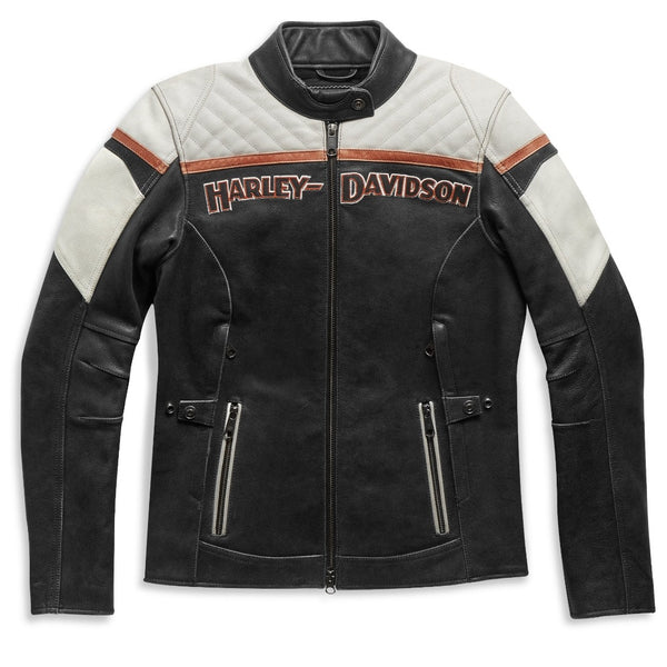 Harley-Davidson Women's Triple Vent Miss Enthusiast II Leather Jacket, White/Black/Orange 98008-21VW