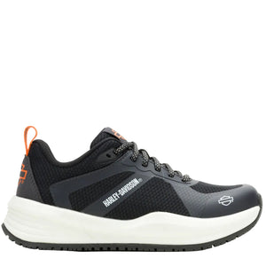 Black sneaker with orange accents on a white background