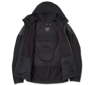 Black jacket with a hood on a white background