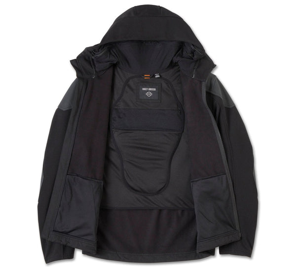 Black jacket with a hood on a white background