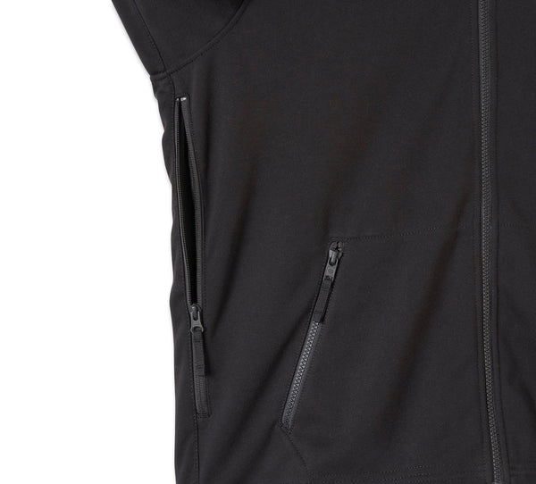 Close-up of a black jacket with zippers on a white background
