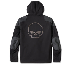 Black hoodie with a skull design on the back against a white background