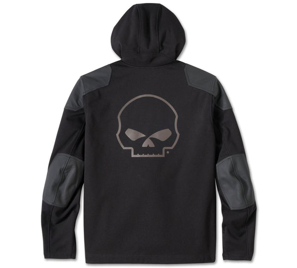 Black hoodie with a skull design on the back against a white background