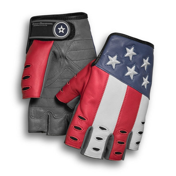 Harley-Davidson Men's Patriot Fingerless Leather Reflective Gloves, Red/White/Blue 98106-19VM