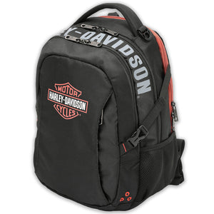 A black Harley-Davidson backpack with red accents and white branding, shown on a plain white background.