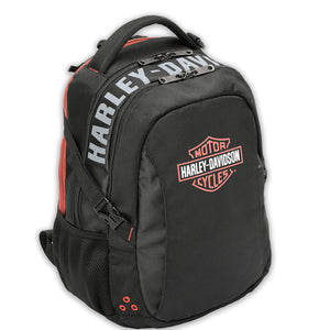 A black Harley-Davidson backpack with orange accents and white brand lettering on the side, shown on a plain white background.