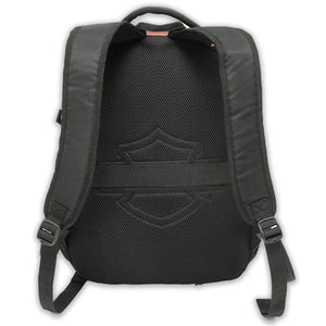 The back view of a black backpack, showing the padded mesh back panel with an embossed shield logo, shoulder straps, and a top carry handle, set against a plain white background.