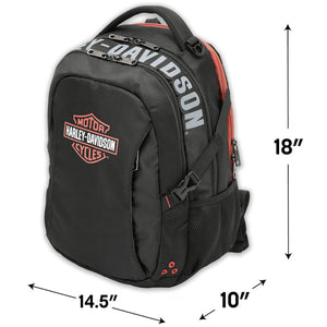 Black Harley-Davidson backpack with red accents and white brand lettering, shown with dimension arrows indicating 18 inches tall, 14.5 inches wide, and 10 inches deep on a white background.