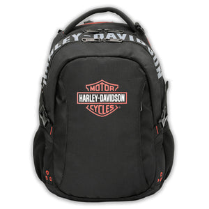 A black Harley-Davidson backpack with a prominent orange and white logo on the front pocket, set against a plain white background.