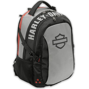 A gray and black Harley-Davidson backpack with a large black logo on the front and white lettering on the side, shown on a plain white background.