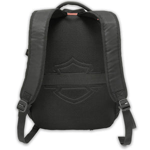 The back view of a black backpack, showing a breathable mesh back panel with an embossed shield logo, padded shoulder straps, and adjustable buckles, set against a plain white background.