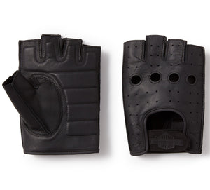 Pair of black leather gloves with fingerless design on a white background