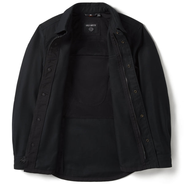 Black jacket with brand label on a white background 