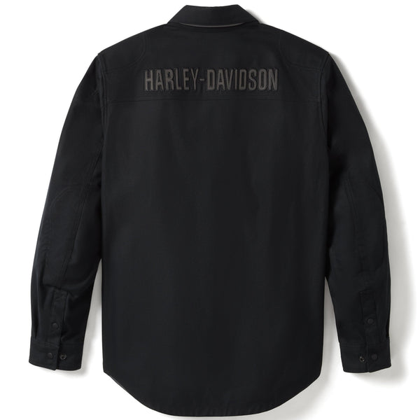Black shirt with 'Harley-Davidson' branding on the back against a white background